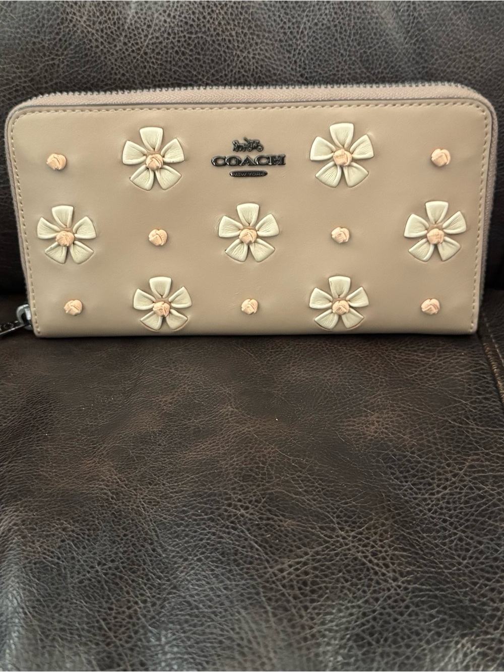 Coach Floral Appliqué Zip Around Wallet in Taupe and Cream